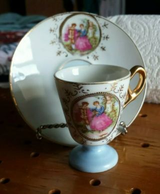Antique Miniature Tea Cup & Saucer Romance Couple Gold Trim Japan 1940s