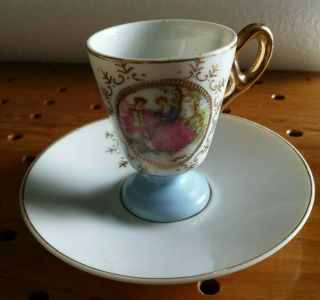 antique miniature Tea Cup & Saucer romance couple gold trim Japan 1940s 2