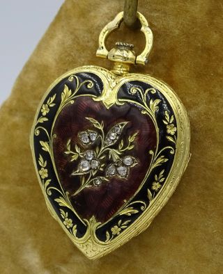 Unique Rare Solid 18k Gold Enamel Pendant Heart Watch With Diamonds Enameled