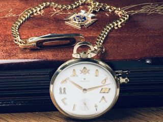 10k Solid Gold Hamilton Masonic Pocket Watch Wknife & 14k Diamond Fob Keeps Time
