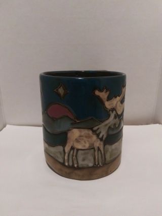 Handmade Moose Clay Pottery Coffee Mug Cup Mountain Scene Colorful Glazes Signed