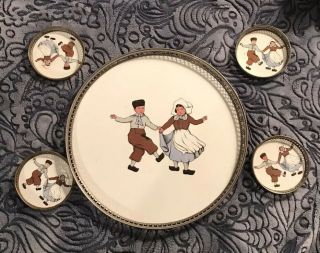Vintage 1914german Sternauware Porcelain Tray And 4 Coasters Trimmed In Metal