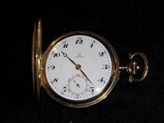 14k Yellow Gold Antique Omega Swiss Pocket Watch Hunting Case 17 Jewels