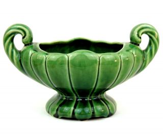 Vtg Green Art Pottery Planter With Double Handle Shiny Glaze Mid Century No Mark
