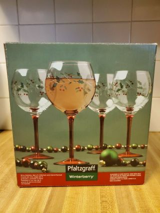 Pfaltzgraff Winterberry Set Of 4 Wine Goblets Etched And Painted Red Stems
