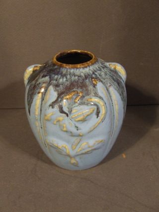 Small Vintage Kt Blue Drip Glaze Rose Urn Vase Made In Japan