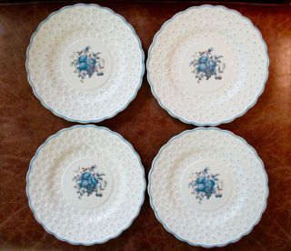 4 Copeland Spode 9.  25 " Lunch Plates Embossed Daisy W/blue Rim Flowers & Fruit - Ec