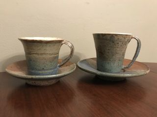 Handmade Studio Pottery Thrown Coffee/tea Mugs Pair Signed