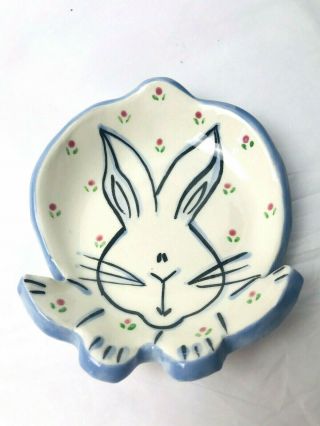 Signed Lori Ellyn Hand Crafted Bunny Trinket Dish White Blue Trim Pink Floral