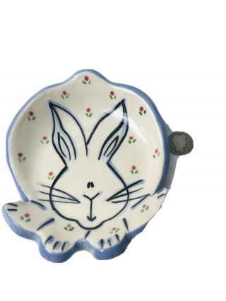 Signed Lori Ellyn Hand Crafted Bunny Trinket Dish White Blue Trim Pink Floral 2