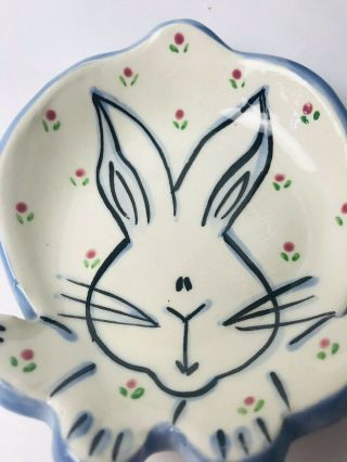 Signed Lori Ellyn Hand Crafted Bunny Trinket Dish White Blue Trim Pink Floral 3