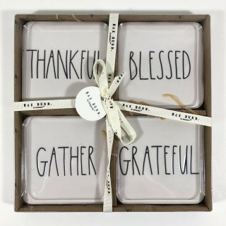 Rae Dunn Set Of 4 Thanksgiving Coasters Thankful,  Blessed,  Gather,  Grateful