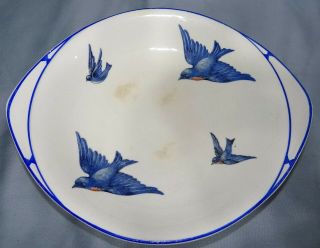 Vtg Kt&k Hand Painted Bluebirds Lugged Soup Salad Bowl Blue Birds China