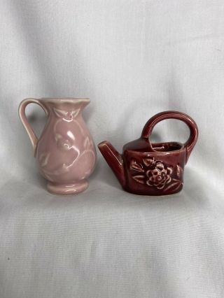 2 Shawnee Usa Pottery Pink Burgandy Mini Miniature Water Can Pitcher Figurines