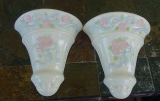 Matching Vintage Ceramic Wall Pocket Vases White Blue Bow Pink Flowers