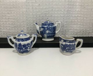 Vintage Blue Willow Miniature Teapot,  Creamer & Sugar Marked Japan (m91)