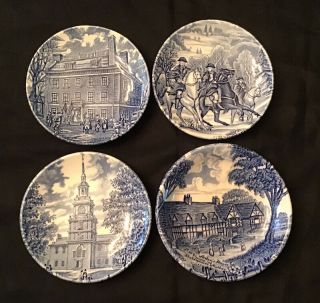 3 Liberty Blue Historic Colonial Scenes 4” Plates,  1 Shakespeare Royal Essex 4”