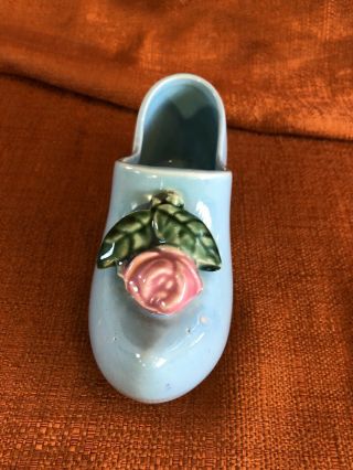 Vintage Ceramic Mccoy Pottery Blue Dutch Shoe With Rose Planter