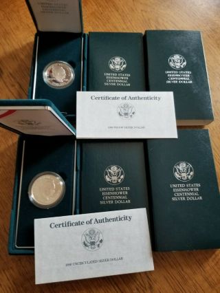 (2) 1990 - P Us Eisenhower Commemorative Silver Dollar Coin Cameo Proof,