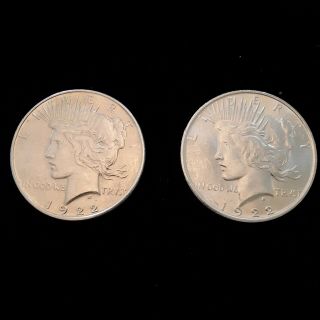 2 Peace Silver Dollars 1922 A Brilliant / Uncirculated Coins