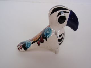 Tonala Mexico Hand Crafted Painted Pottery Miniature Standing Parrot Bird White