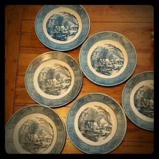 6 Royal China Currier And Ives Dinner Plates The Old Grist Mill 10”