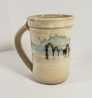 Hand Crafted Studio Art Pottery Mug Signed Rusty 04 Blue Browns 4.  5 "