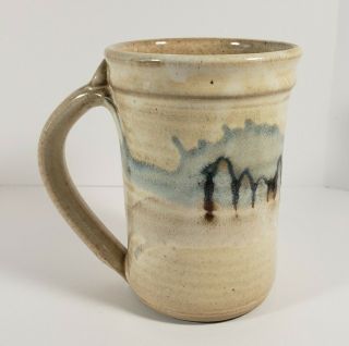 Hand Crafted Studio Art Pottery Mug Signed Rusty 04 Blue Browns 4.  5 