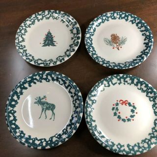 4 Folk Craft " Holiday Pines " By Tienshan Dessert Plates,  Pine Cone Wreath Moose
