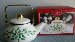 Lenox Holiday Holly Berry Metal Enamel Tea Kettle Porcelain With Box