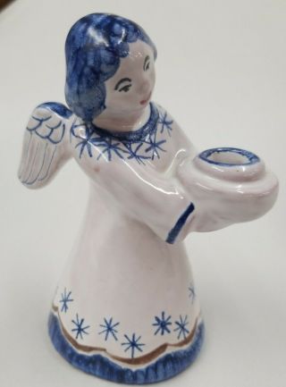 L Hjorth Denmark Scandinavian Angel Candle Holder Blue & White Pottery 4 5/8
