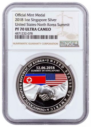 2018 Singapore Us Korea Summit High Relief 1 Oz Silver Medal Ngc Pf70 Uc