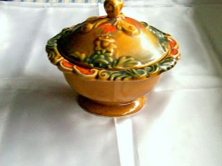 Vintage California Pottery Small Bowl W/lid Caramel Brown Orange,  Green Design