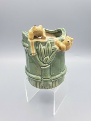 Vintage Majolica Frog & Bamboo Planter Pot Art Pottery 4” X 3” Green
