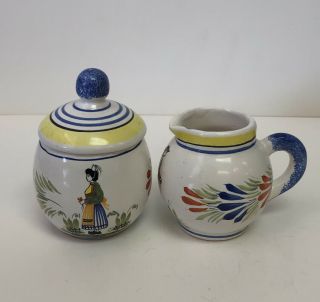 Vintage Henriot Quimper France Creamer & Lidded Sugar Bowl Pottery Ceramic