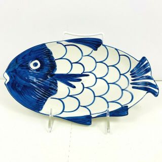 Zanolli Italy Pottery Hand Painted Blue White Fish 11” Length Plate