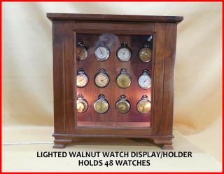 Lighted Walnut Pocket Watch Display Case - - Holds 48 Watches