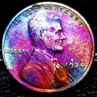 1924 - S Lincoln Wheat Penny Cent - " Toning " Borderline Au To Au,  Details