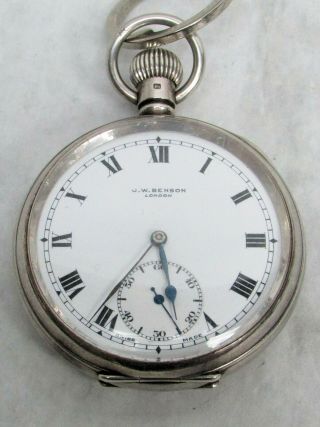 J.  W.  Benson 1882 London Sterling Silver 15j 48mm Open Face Pocket Watch & Chain