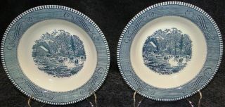 Currier Ives Royal China Blue White Soup Bowls Early Winter Set Of 2