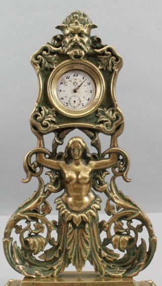 Antique Art Nouveau Gold Gilt Bronze Nude Woman Pocket Watch Holder, 3