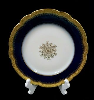 (2) J.  Pouyat Limoge France Cobalt Blue/ Gold Filigree Vin.  Porcelain 8 " Plates