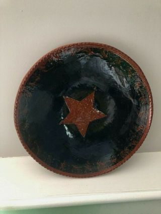 Foltz Pottery Blue Red Star Redware Bowl/plate 7 1/4 "