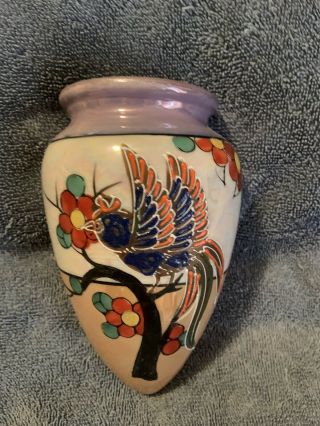 Japan Lusterware Bird Floral Wall Pocket Vase Vintage Hand Painted Japan Parrot