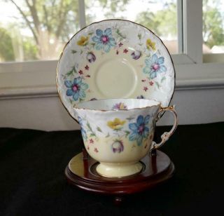 Aynsley Bone China White & Yellow Floral Gold Gilt Embossed Footed Cup Saucer