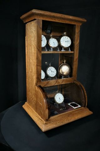 Curved Glass Pocket Watch Or Small Collectible Display Case,  1/4 Sawn Oak.