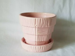Vintage Mccoy Pottery Pink Basket Weave 31/8 " X 3 1/4 " Flower Pot With Saucer