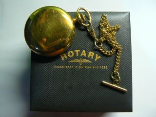Gold Plated Rotary Swiss Made Hunter Pocket Watch With Lovely Chain & Box