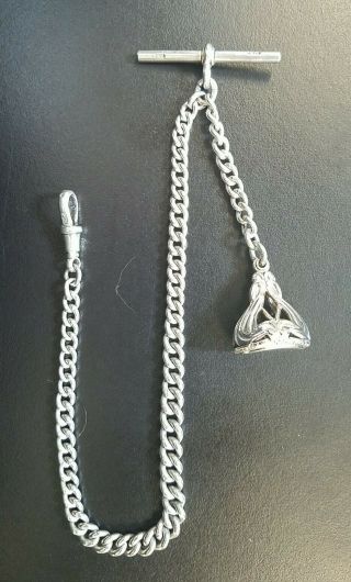 Vintage Antique H.  P.  British Sterling Silver Pocket Watch Chain With Fob.