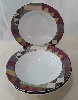 3 Studio Nova Mikasa Palm Desert Rimmed Soup Bowls Multicolor Geometric Euc